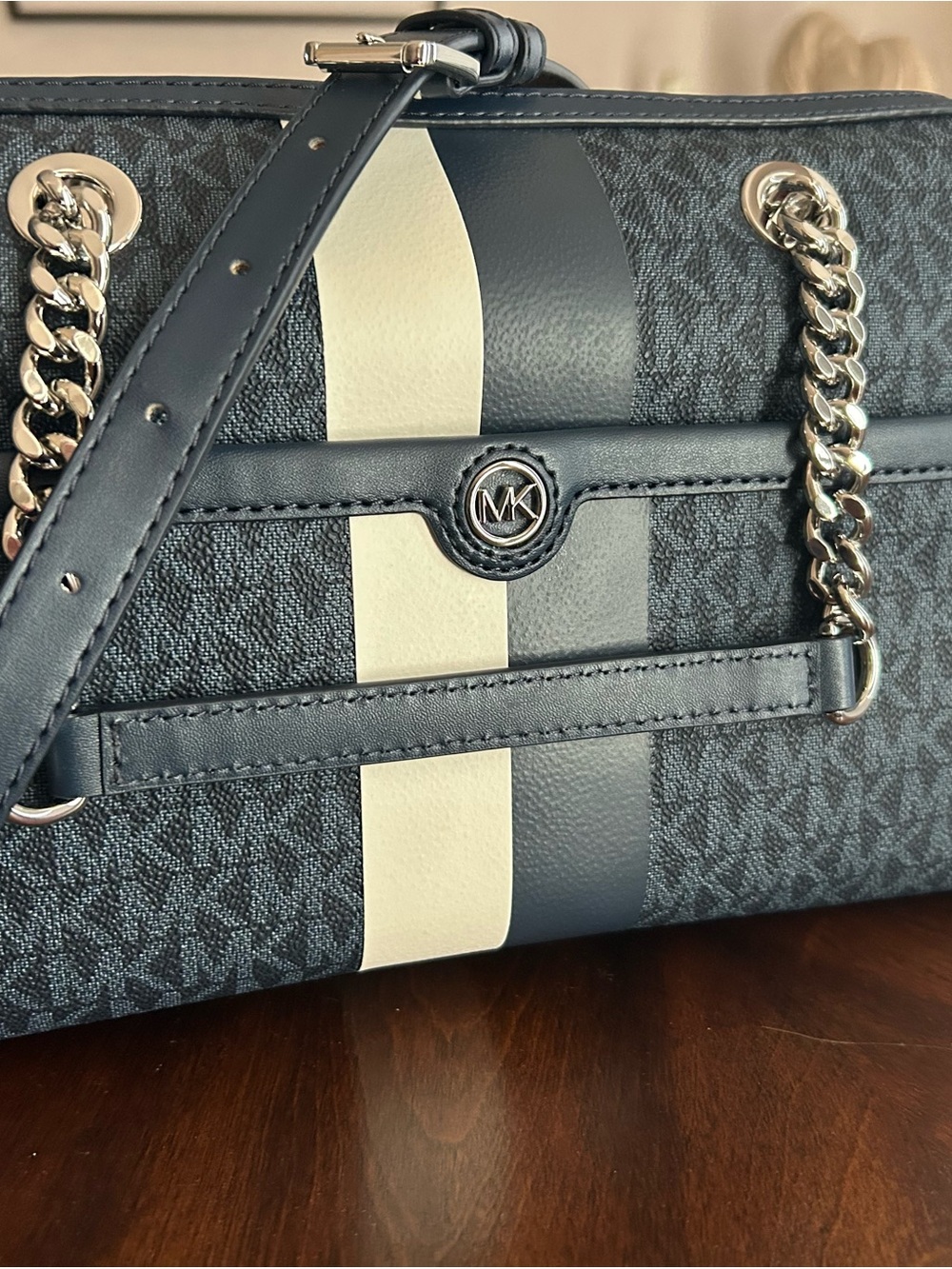 Michael Kors Navy and Cream Blaire crossbody satchel with silver Chain Strap